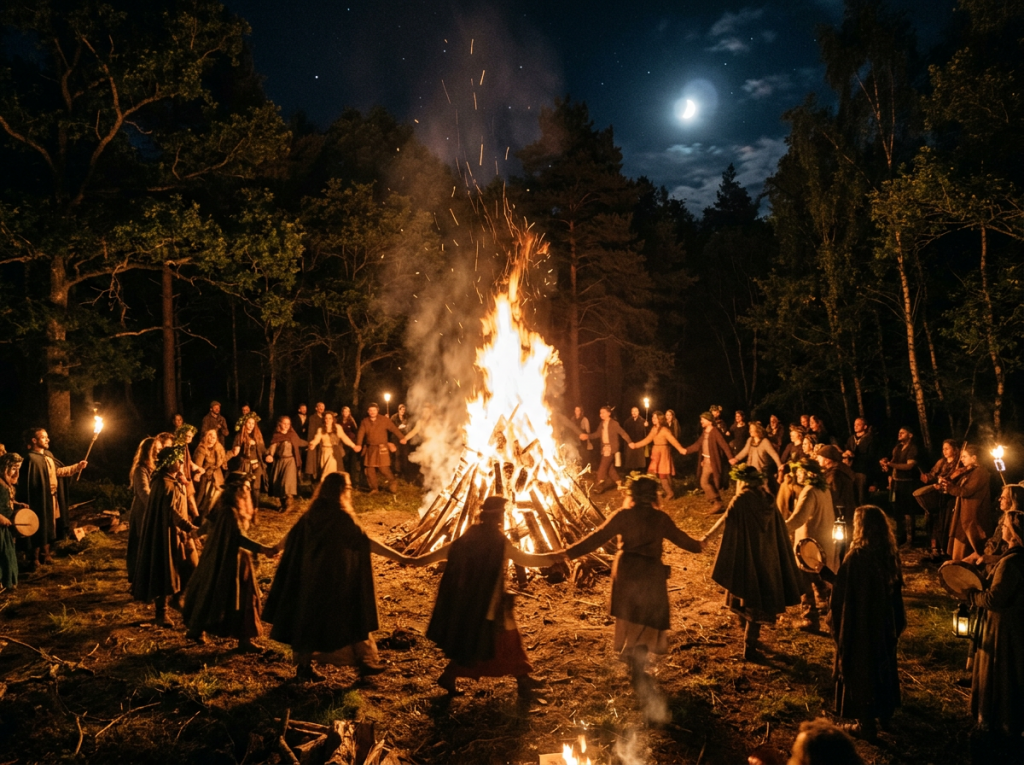 Group of people holding hands and dancing around a large bonfire outdoors at night