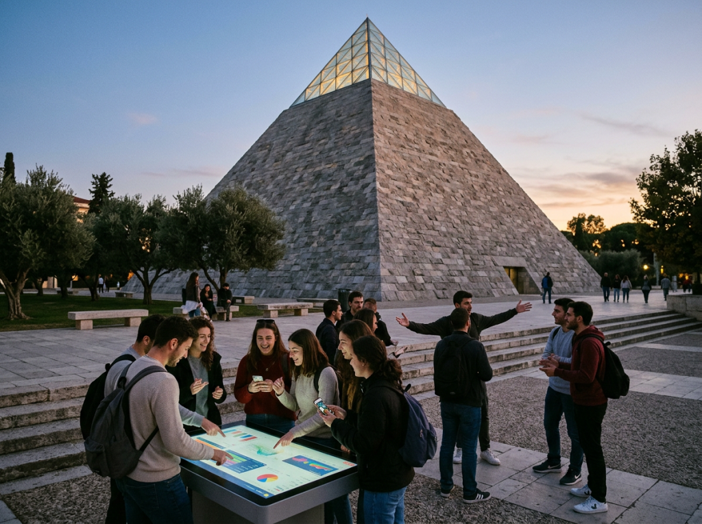Group of people interacting with a digital touchscreen table near a pyramid structure outdoors