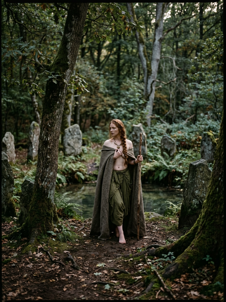 Woman barefoot in forest clearing among standing stones holding a wooden staff