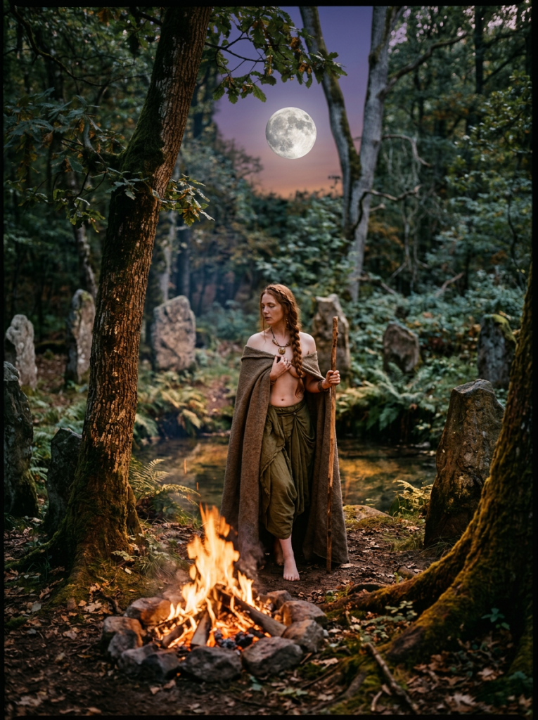 Woman barefoot in forest clearing among standing stones holding a wooden staff