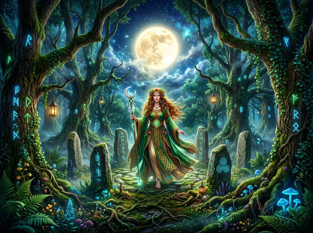 A mystical woman in green robes with a crescent staff stands among glowing rune stones under a full moon in a forest
