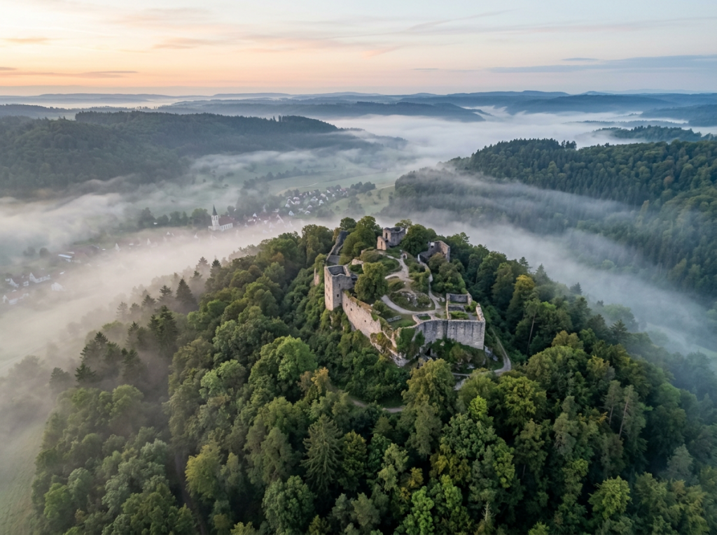 Medieval castle ruins on a hill surrounded by dense forest and morning mist