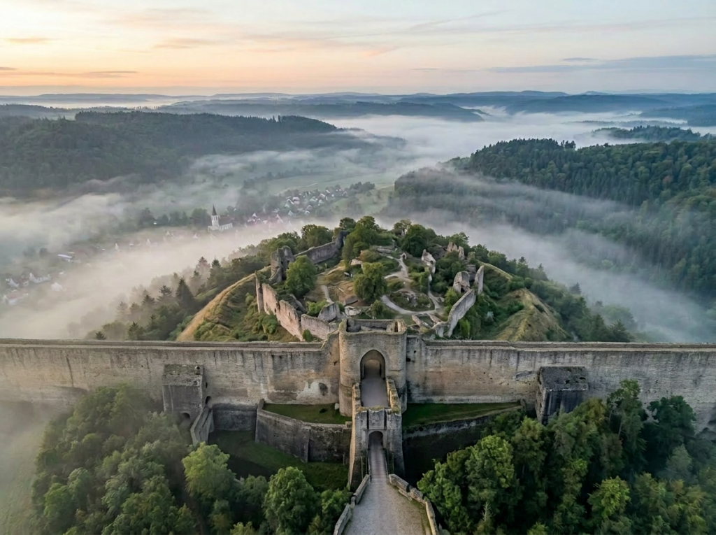 Breite hohe Sperrmauer vorne, Anlage nach hinten versetzt
