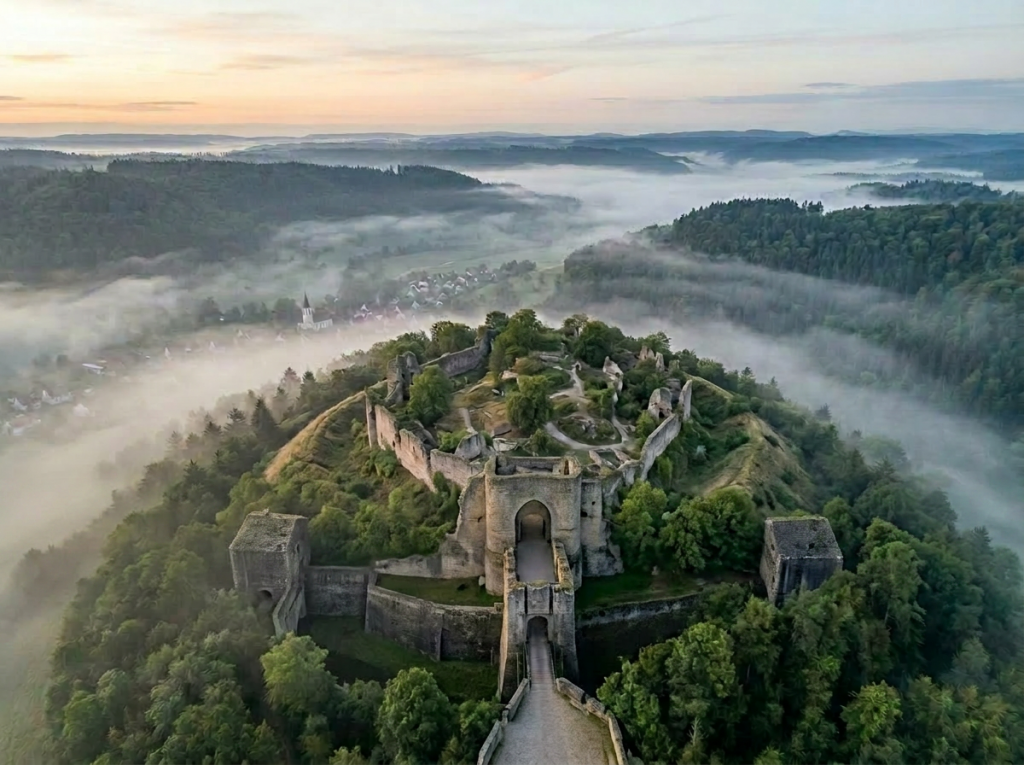 Medieval castle ruins on a hill surrounded by dense forest and morning mist