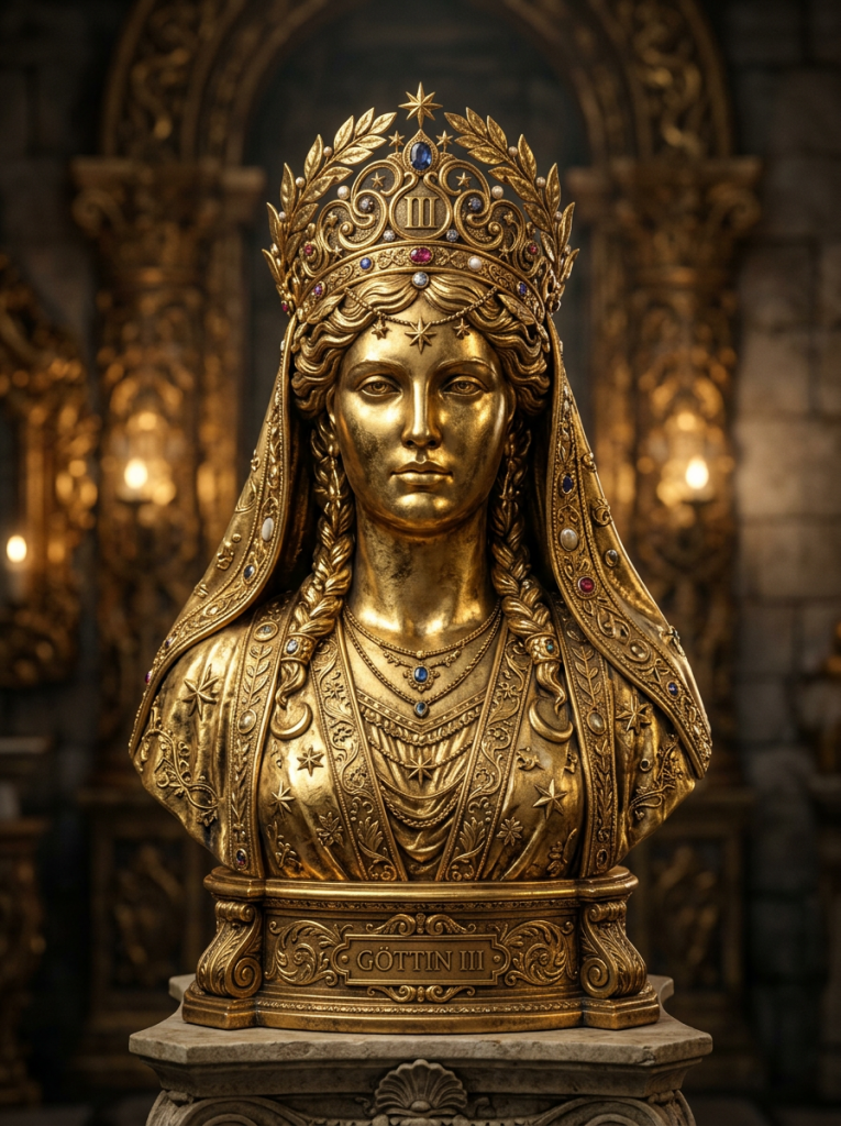 Golden bust of Göttin III wearing a decorated crown and jeweled robes