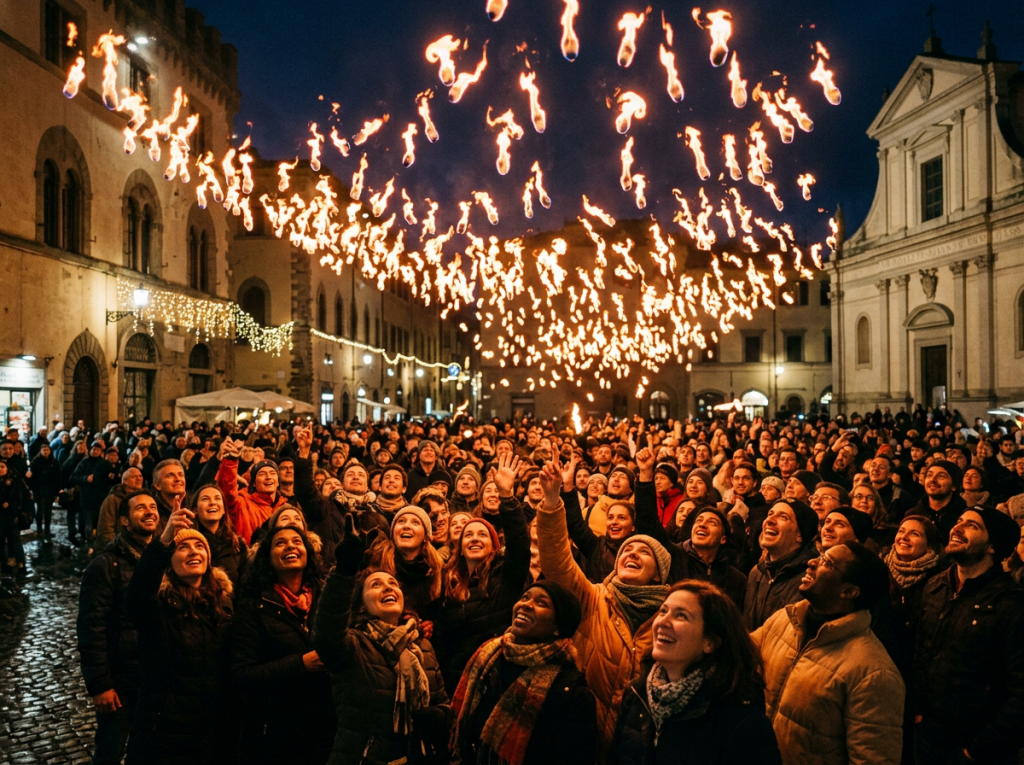 Crowd of people outdoors at night looking up at flaming torches suspended in the air above a historic plaza