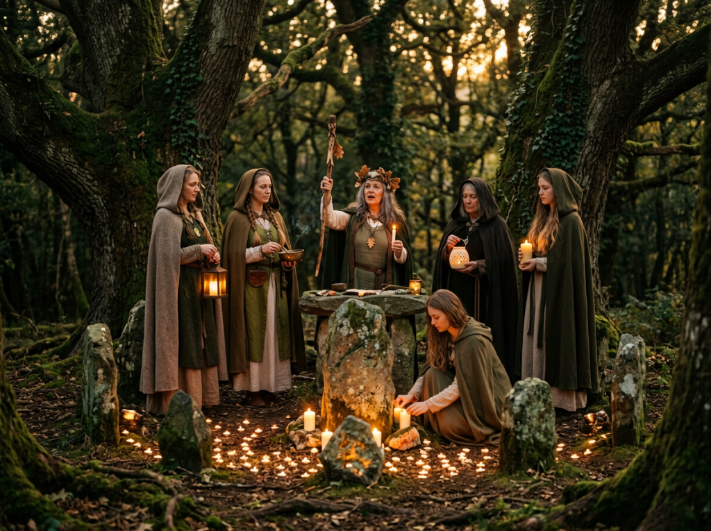 Six women in cloaks gathered in a forest circle with lit candles and ancient stones performing a ritual
