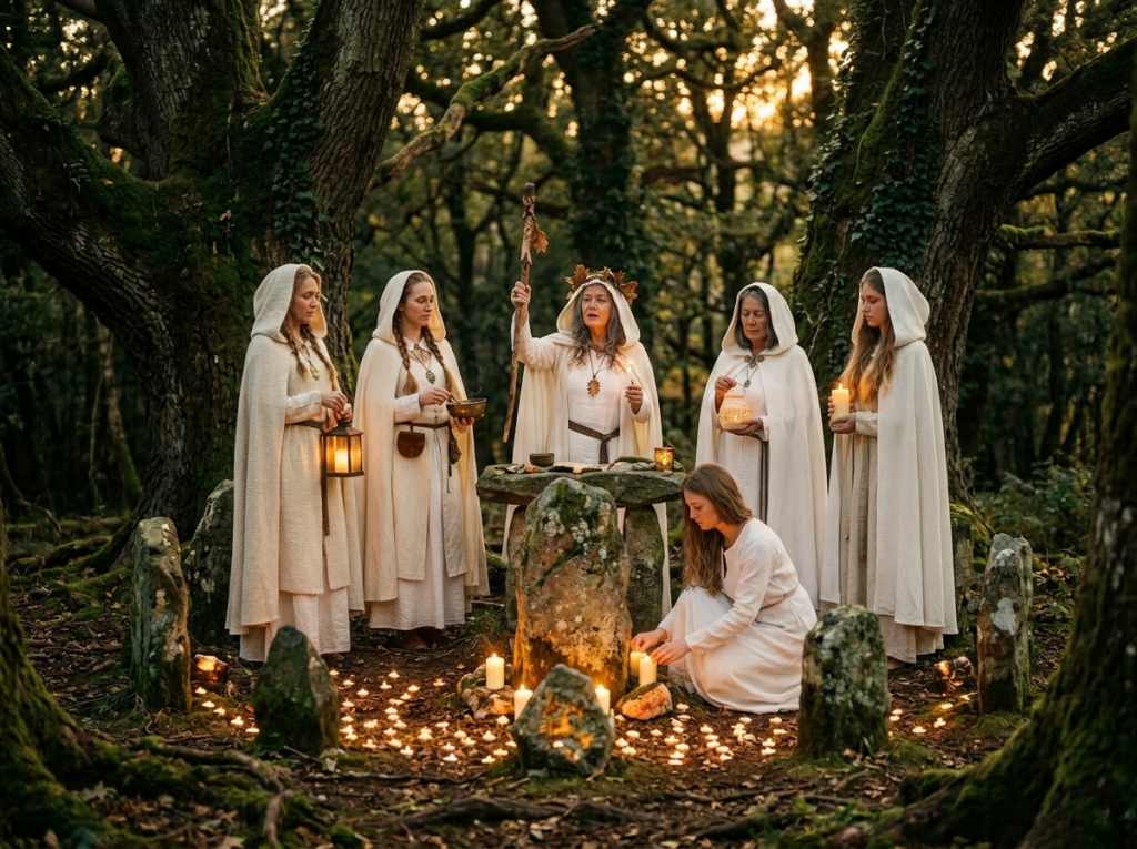 Six women in cloaks gathered in a forest circle with lit candles and ancient stones performing a ritual