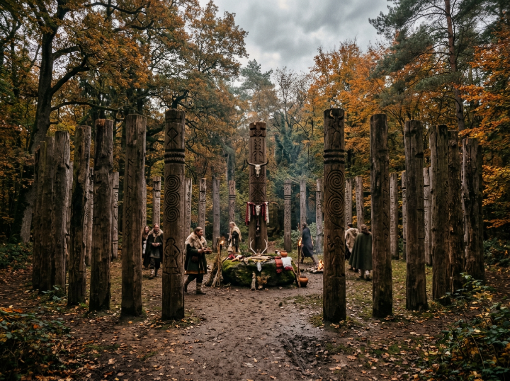 Ritual site with tall wooden carved totems arranged in a circle with people walking and standing among them in an autumn forest