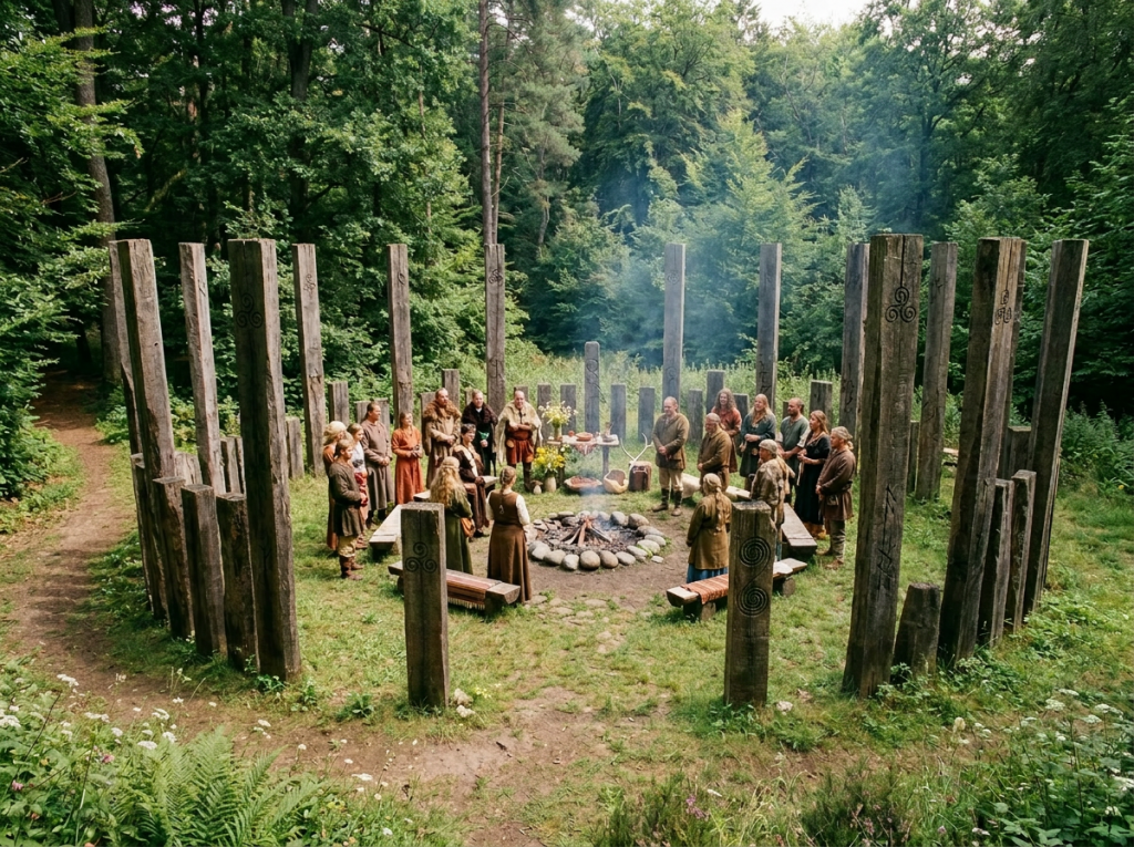 Three people standing around a fire within a circular wooden post enclosure in a forest