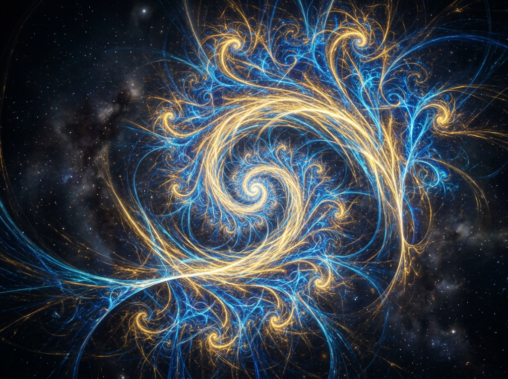 Blue and gold fractal spiral pattern with glowing tendrils on dark starry background