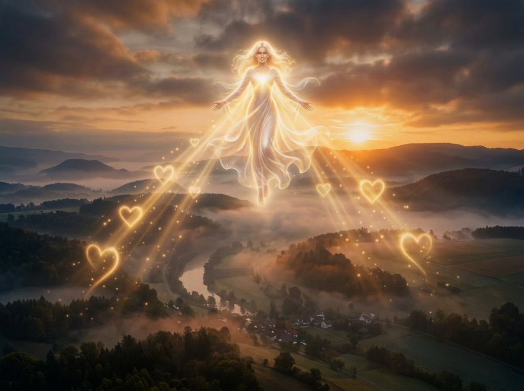 Radiant angel figure emitting glowing hearts and light beams above a foggy river valley at sunrise