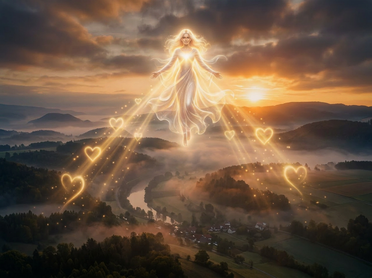Radiant angel figure emitting glowing hearts and light beams above a foggy river valley at sunrise