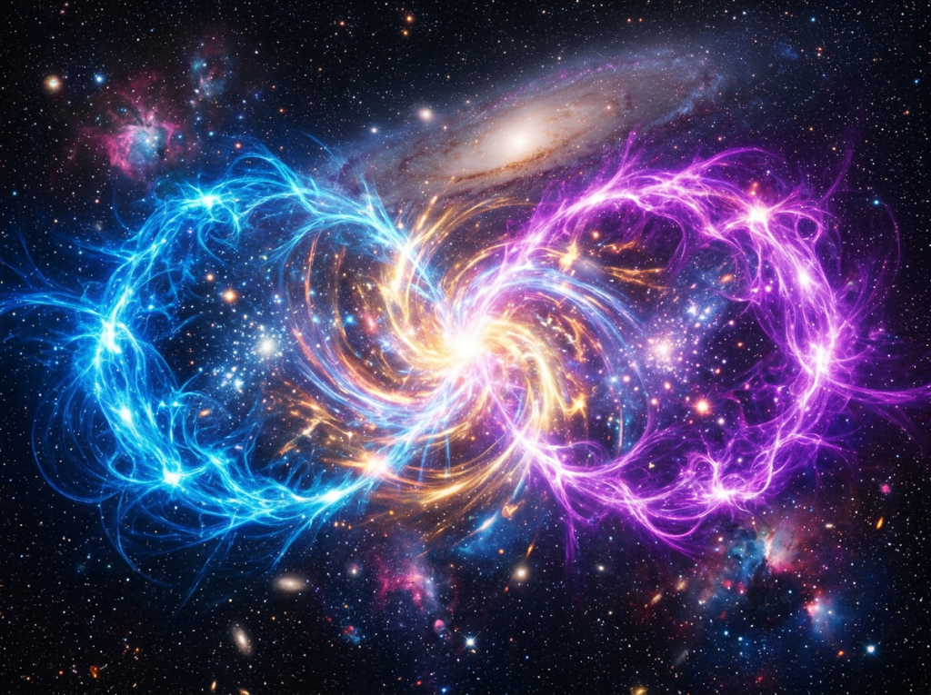 Intertwining blue and purple magnetic field loops in outer space filled with stars and galaxies