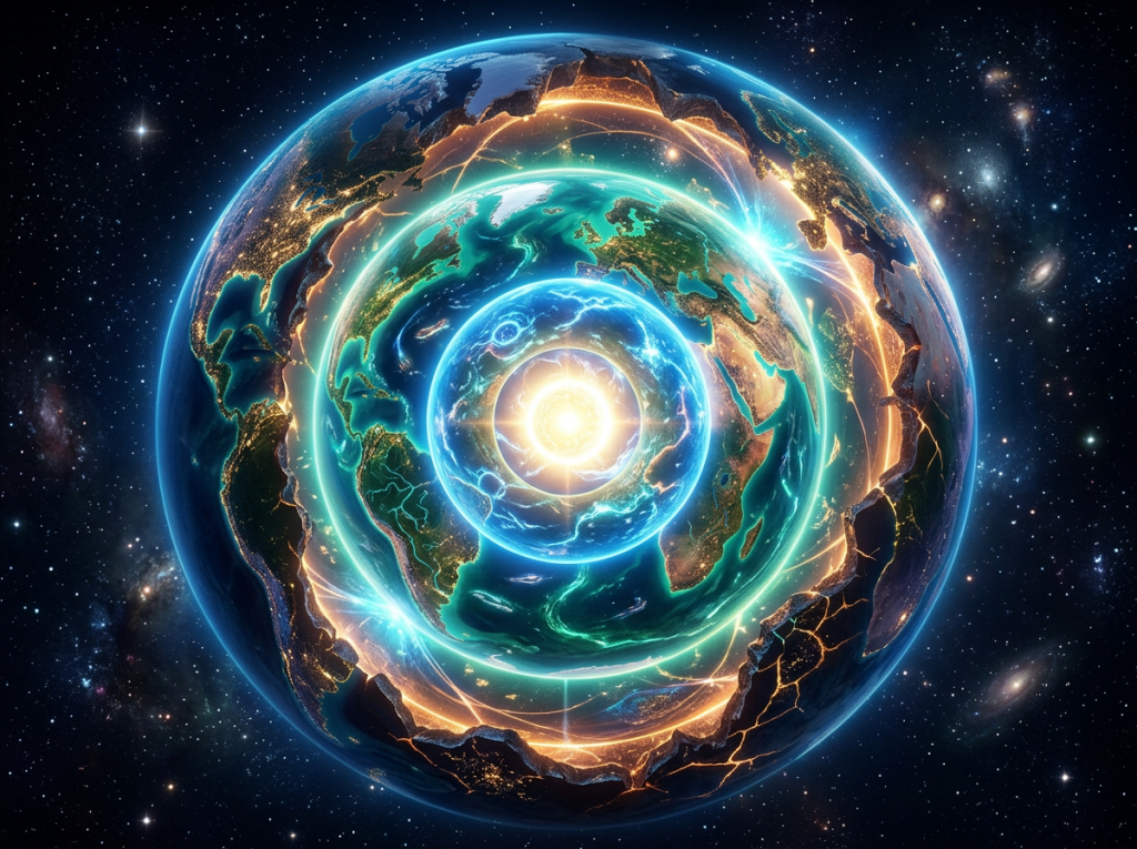 Artistic cross-section of Earth showing layers with glowing energy currents