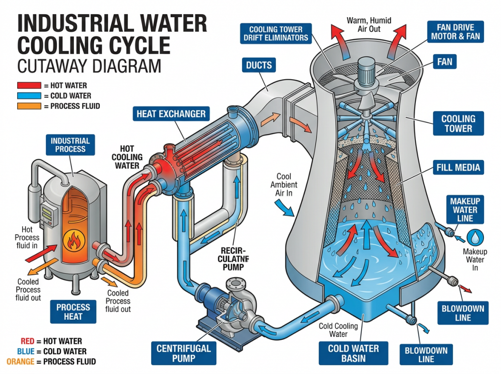 Cutaway diagram of industrial water cooling cycle with labeled components including heat exchanger, cooling tower, pumps, and water flow paths