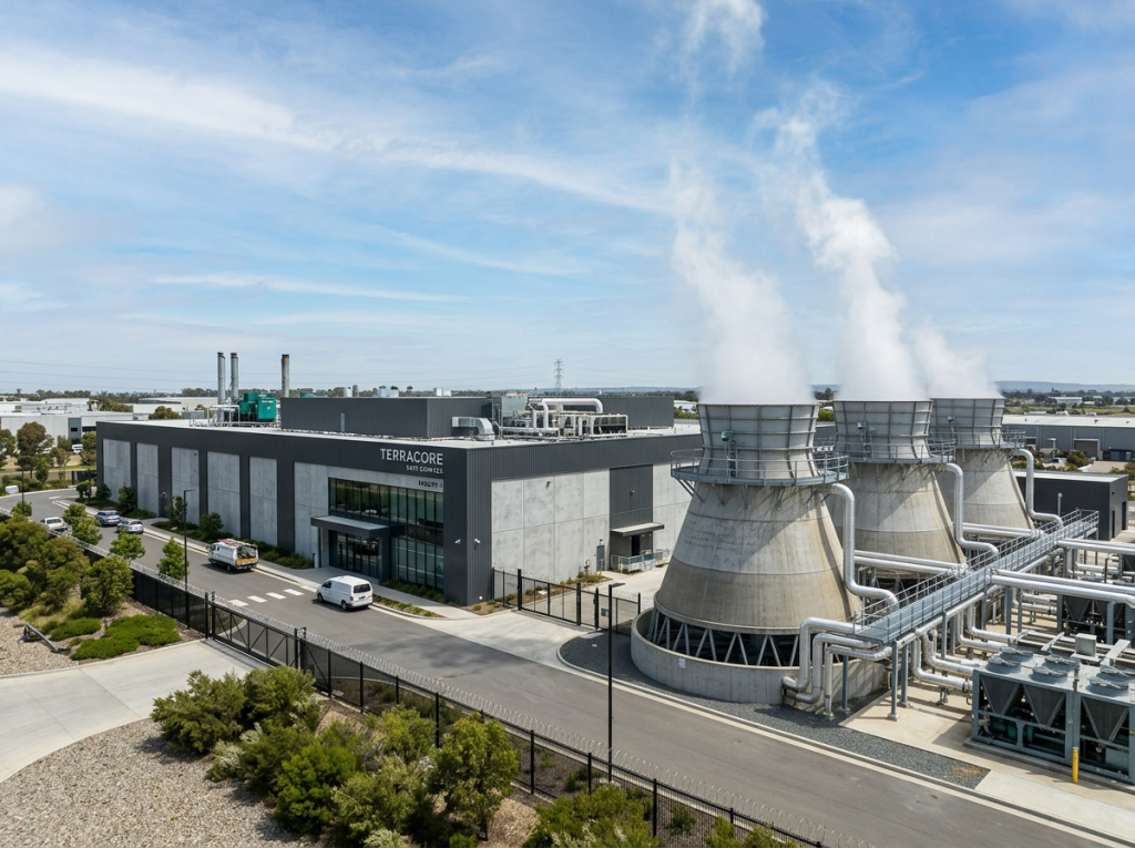 Industrial building with three large cooling towers releasing steam and connected piping