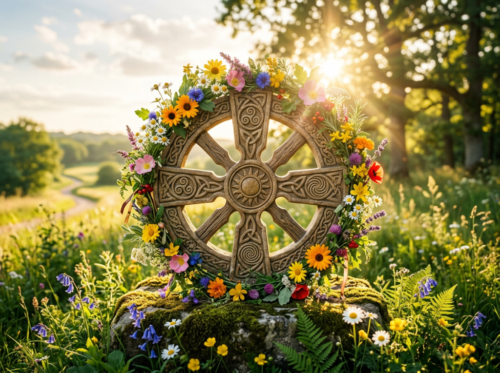 Celtic cross adorned with colorful wildflower wreath in a meadow with sunrise