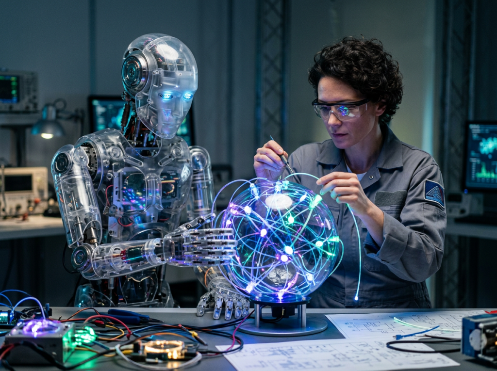 Scientist and transparent robot working together on illuminated spherical circuit device