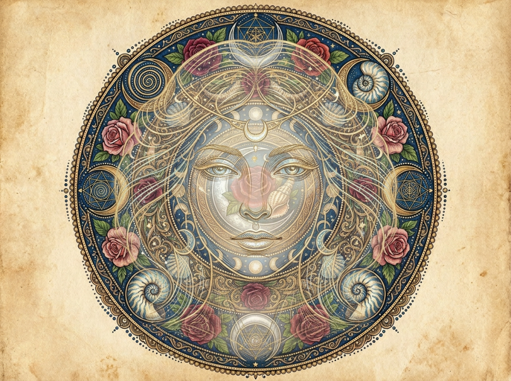 Circular mandala with concentric rings featuring roses, shells, crescent moons, stars, and intricate gold patterns