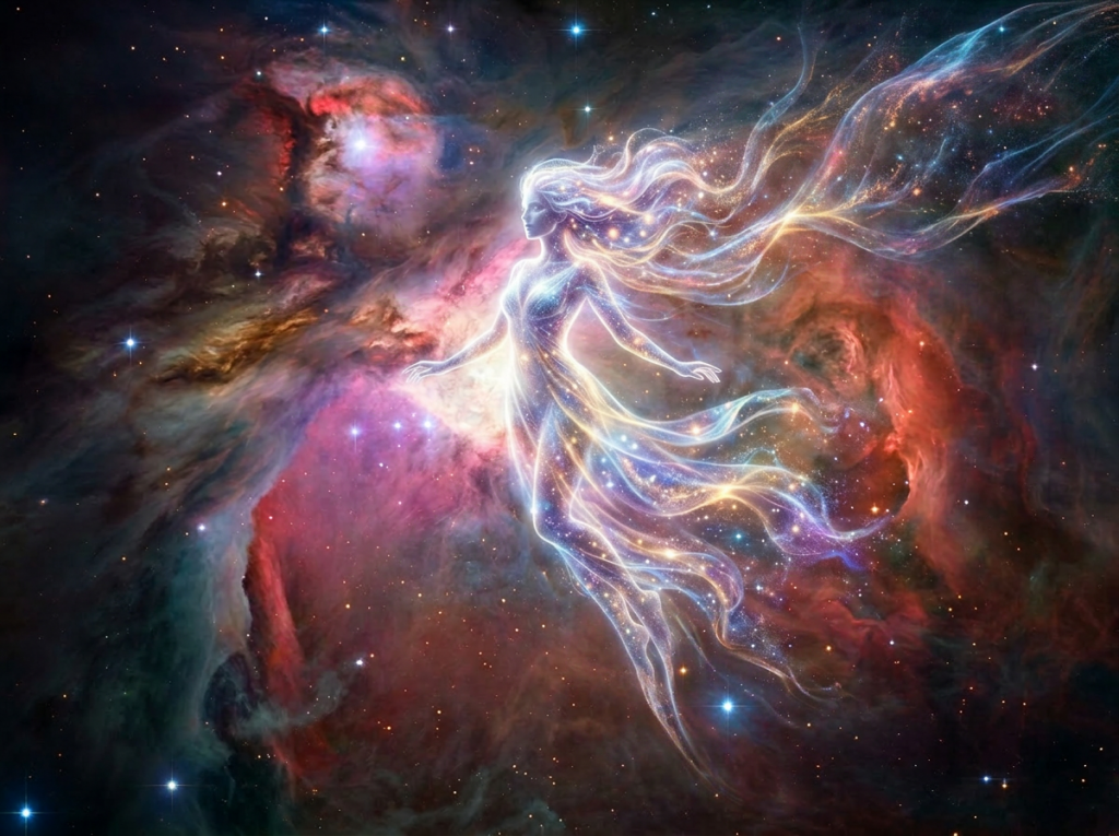 Ethereal female figure made of stars floating in a vibrant nebula