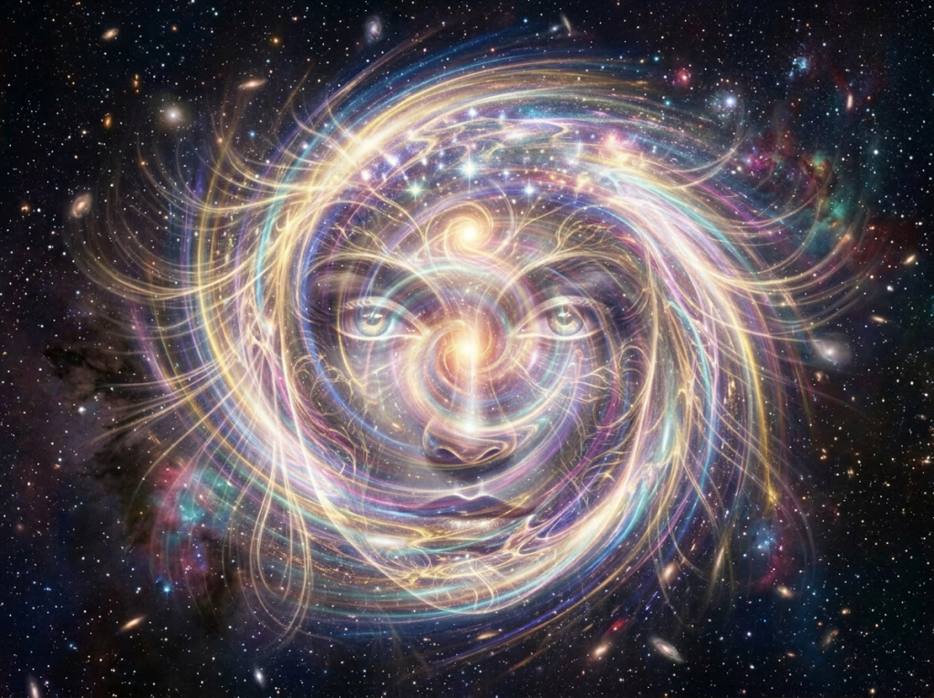 Bright spiral galaxy with swirling multicolored arms in outer space