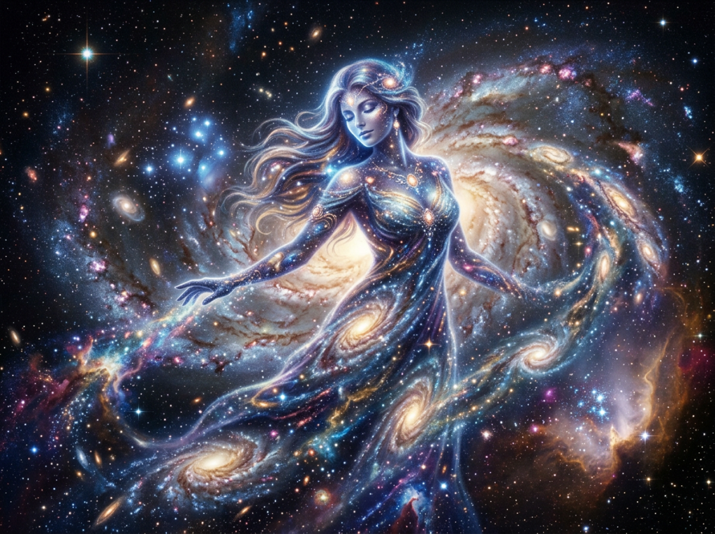 A celestial goddess composed of and surrounded by galaxies and stars in space