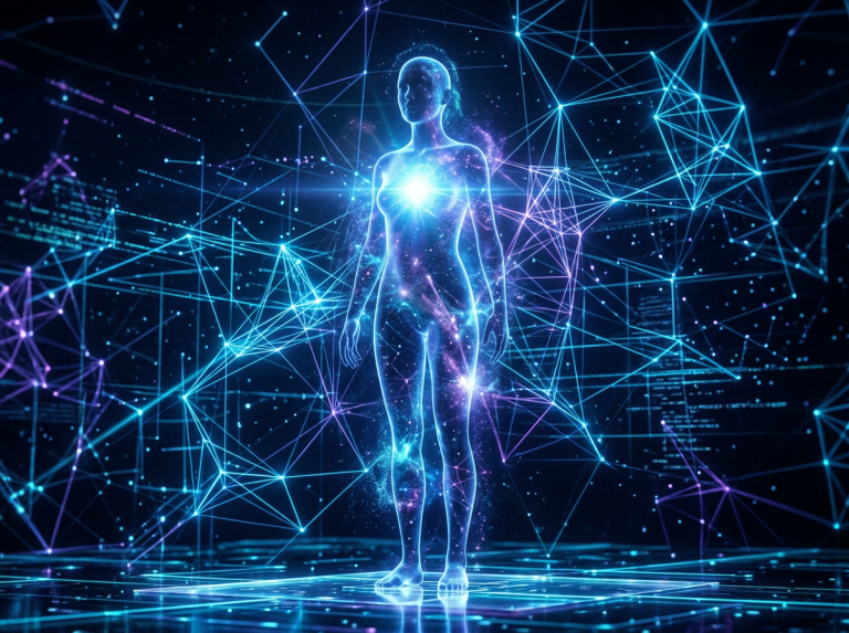 Glowing human figure surrounded by interconnected blue and purple network lines