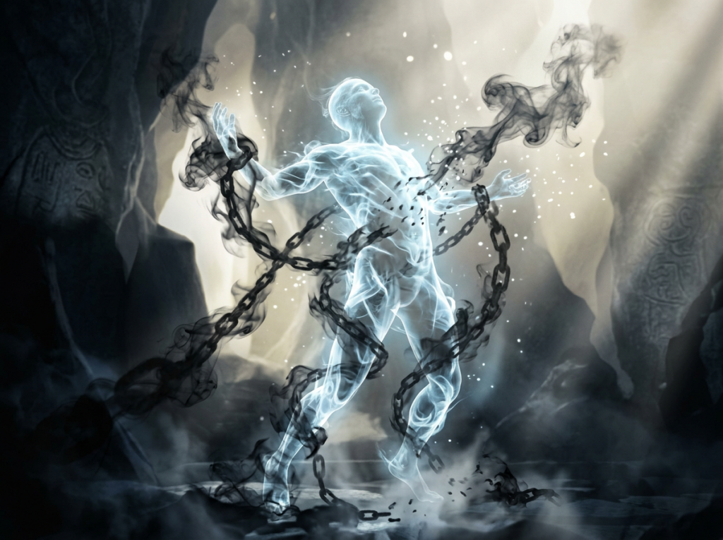 Glowing translucent figure breaking free from dark smoke-like chains in a cave