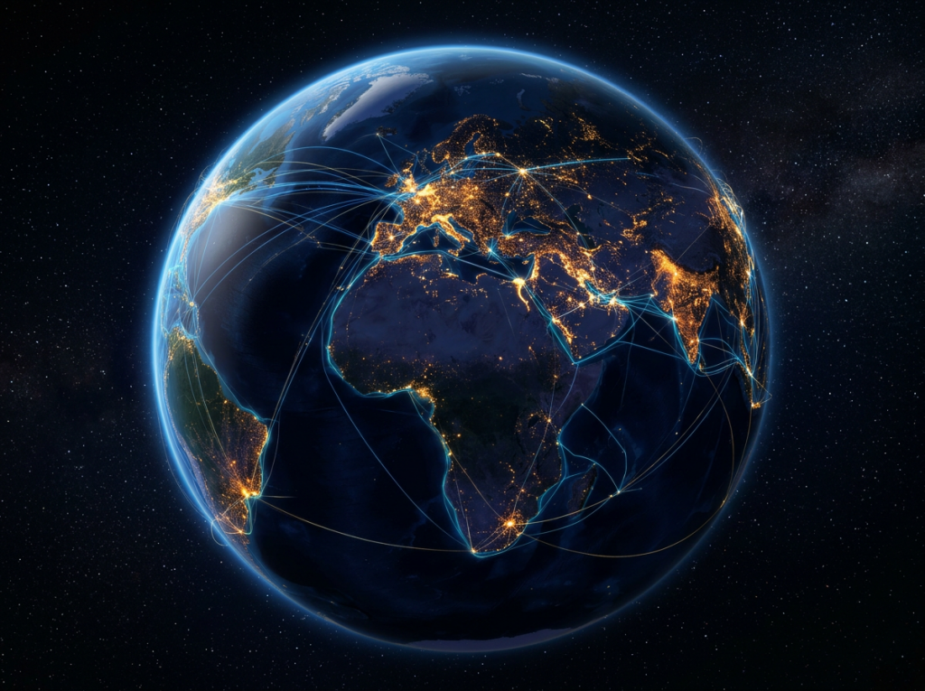 Earth at night with bright city lights and blue lines representing global connections