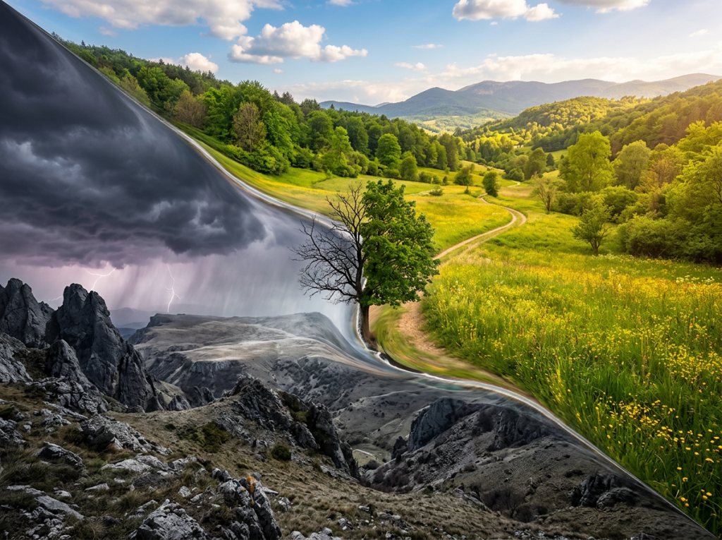 A landscape split showing a storm with lightning on rocky terrain transitioning to a sunny green field with a winding path