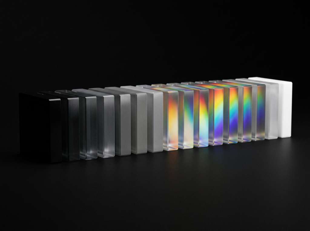 Row of rectangular blocks transitioning from black through various translucent rainbow prisms to white