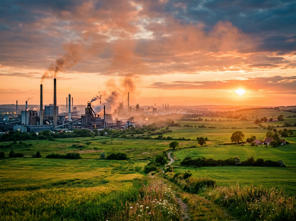 Industrial plant with multiple smokestacks emitting smoke at sunset over green fields