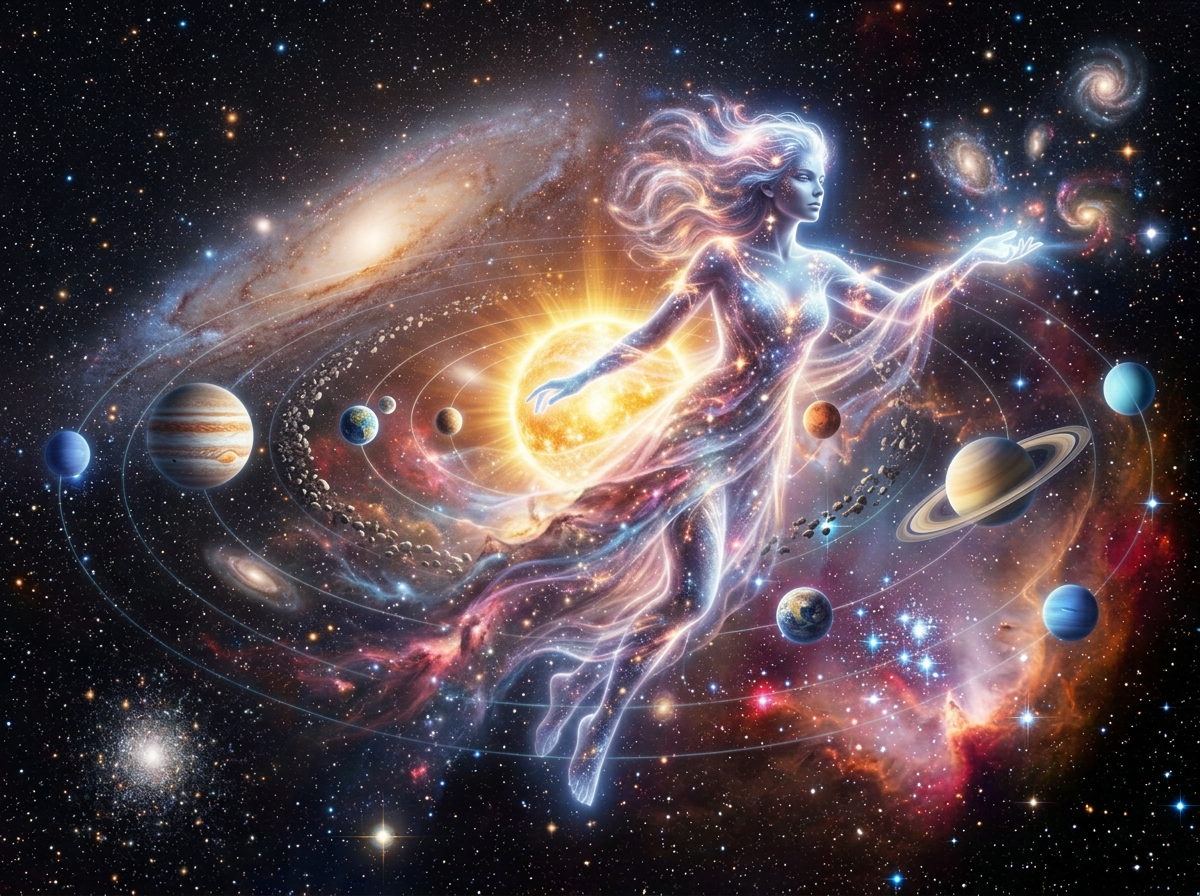 Ethereal female figure glowing in space among stars and galaxies