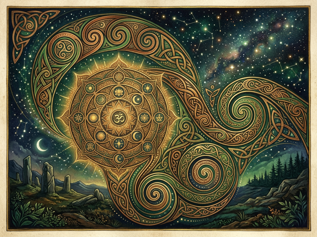 Celtic knotwork mandala with Om symbol beneath stars and crescent moon