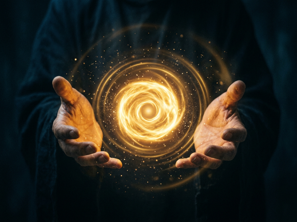 Outstretched hands holding a glowing golden orb with swirling rings
